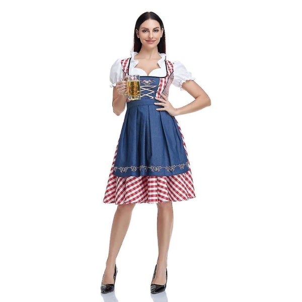 Kvinnors Oktoberfest Beer Maid Costume Bavarian Traditional Dirndl Dress W Denim Red Check XL