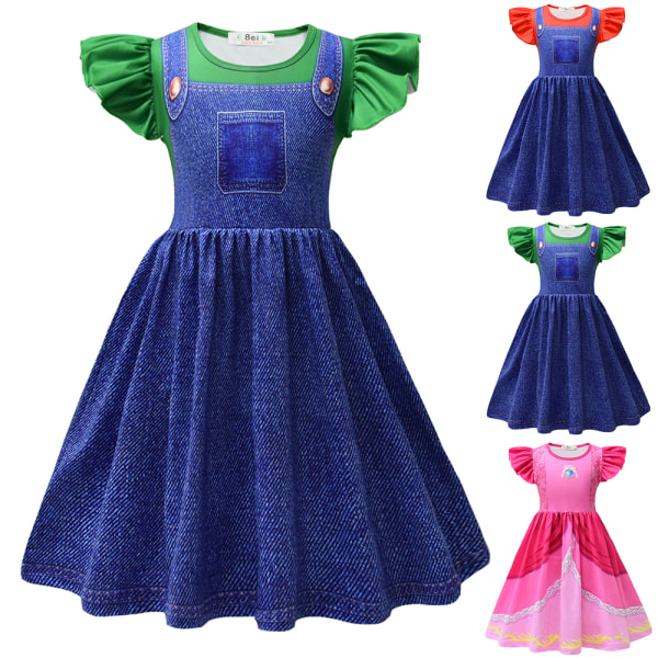 Kids Girls Princess Peach & Super Bros Short Dress Summer Fancy Cosplay Costume Green 8-9 Years
