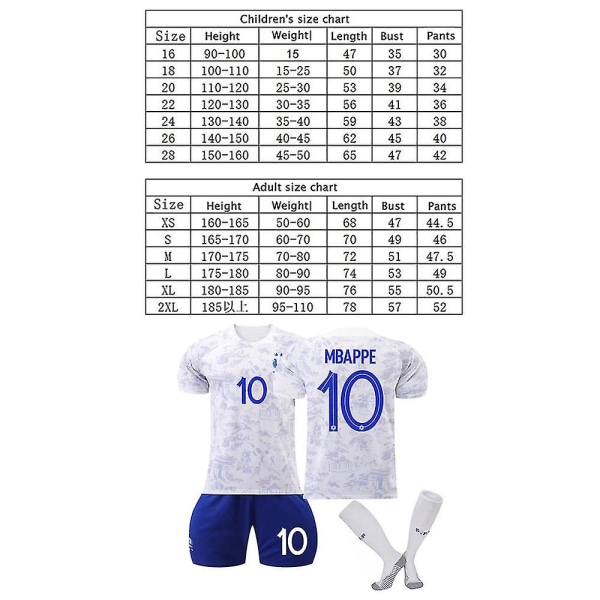 2022 Mbappe #10 fodboldtrøje Frankrig VM-trøje til hold W 18 (100-110cm)