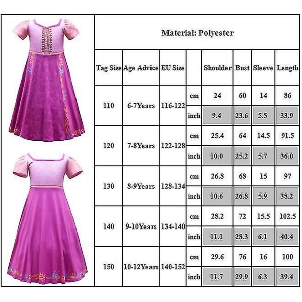 Flickor Rapunzel Cosplay Kostym Party Finklänning Kortärmad prinsessklänning för 6-12 år Barn 130cm