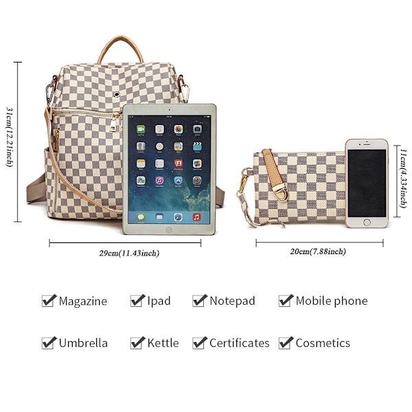 Rutet rygsæk PU-læder Bærbar computer Rygsæk Daypack H White 12.21*11.43 inch