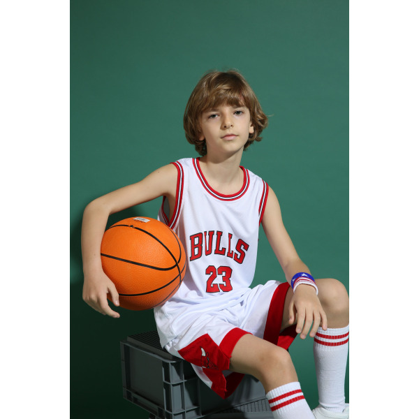 Michael Jordan No.23 Basketball Jerseysæt Bulls Uniform til børn teenagere White XXL (160-165CM)