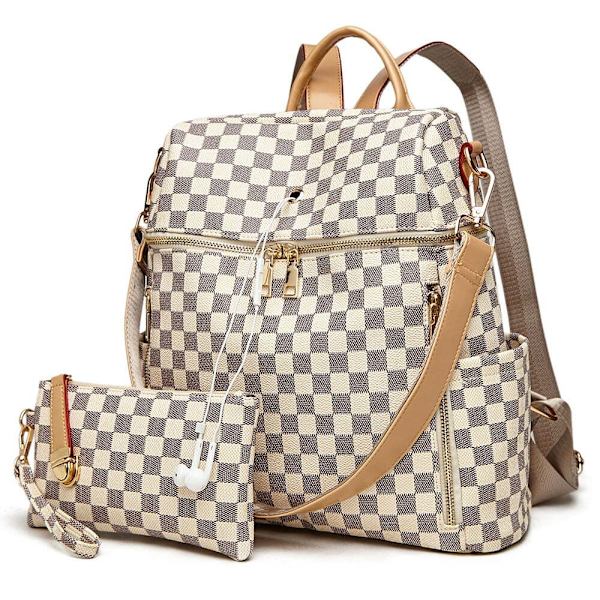 Rutet rygsæk PU-læder Bærbar computer Rygsæk Daypack H White 12.21*11.43 inch