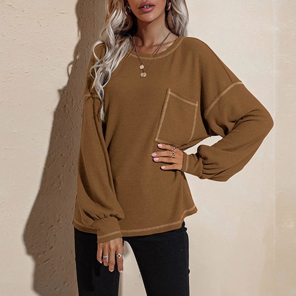 Genser med rund hals Vaffelstrikkede topper Lange puffarmer Casual bluser med lomme Khaki XL