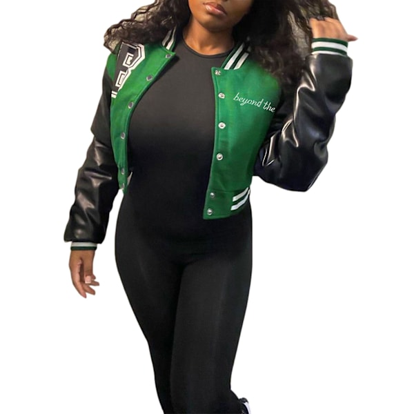 Kvinde Varsity Jakke Cropped Baseball Jakke Bomberjakker Mode Streetwear W Green M