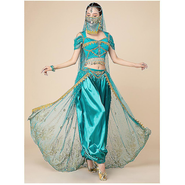 Prinsesse Jasmine Cosplay til kvinder Indisk mavedans Arabisk prinsesse julekarneval sæt - Blue 7pcs M