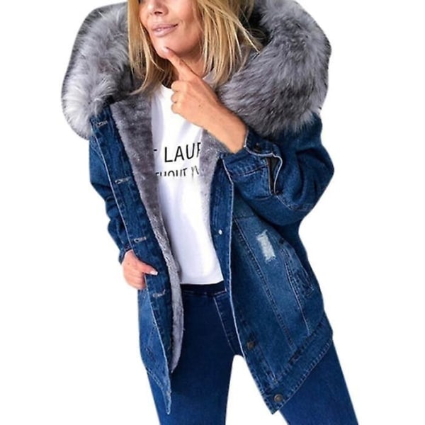 Vinter Tjock jeansjacka Dam Casual ångärmad Pälskrage Hooded Warm Coat W Dark Blue L