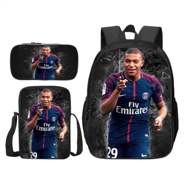 3-delt sett med fotballsstjerne Mbappe ryggsekk, student, skolesekk Y4 Backpack + Satchel