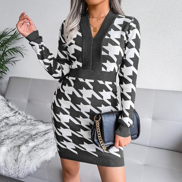 Houndstooth Print Genser Kjole V Hals Langærmet Strikket Bodycon Kjole For Dame Black L