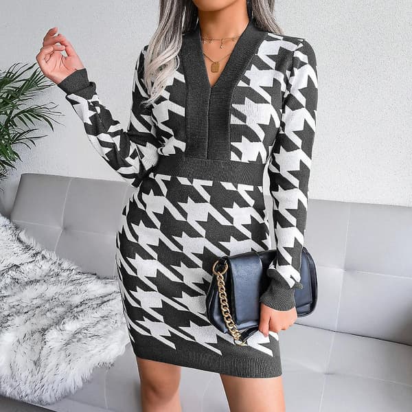 Houndstooth Print Tröja Klänning V Neck Långärmad Stickad Bodycon Klänning För Dam Black M