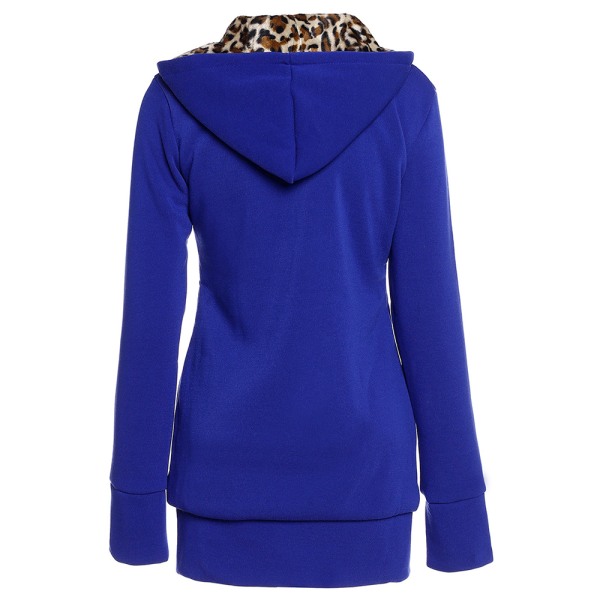 Vinter Kvinder Hooded Tykkere Plus Fleece Leopard Sweater Jakke W Blue 3xl