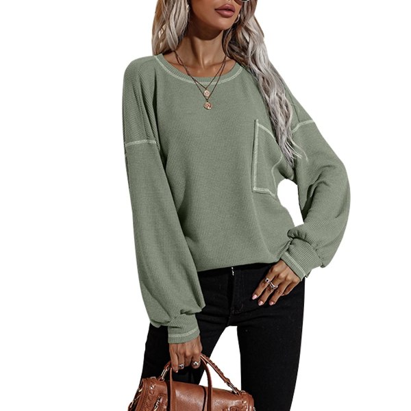 Dame sweater med rund hals, vaffelstrikkede toppe Lange pufærmer Casual Pocket Bluser Green S