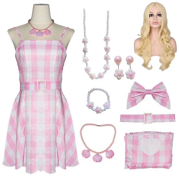 8-pack Girls Barbie-asu mekkoasu lapsille Aikuisille Peruukin kanssa Pink Party Movie Cosplay Halloween-asu Barbie-mekot ja tarvikkeet S