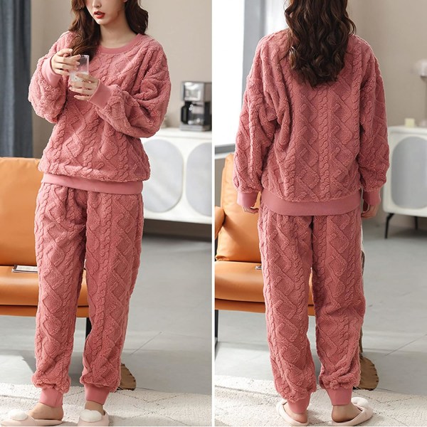 HAUFR Dame Fluffy Fleece Pyjamas Set 2 deler Varm Fleece Pyjamas Set Myke nattklær Langærmede Crewneck lommer Bukser Y Dark Pink X-Large