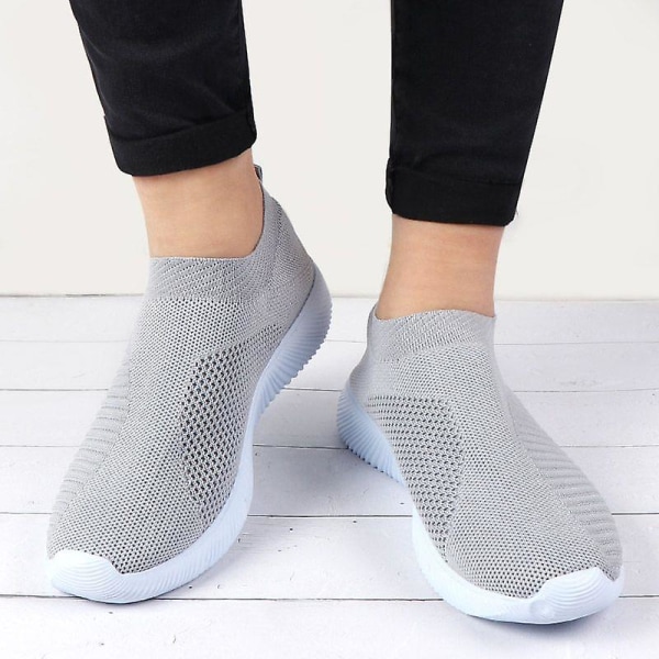 Dame Walking Sneakers Strikkede Mesh Slip On Sko Åndbar Flade Pumps Casual Træningssko W Grey 40