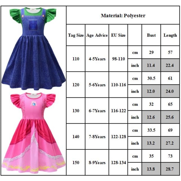 Kids Girls Princess Peach & Super Bros Short Dress Summer Fancy Cosplay Costume Green 6-7 Years