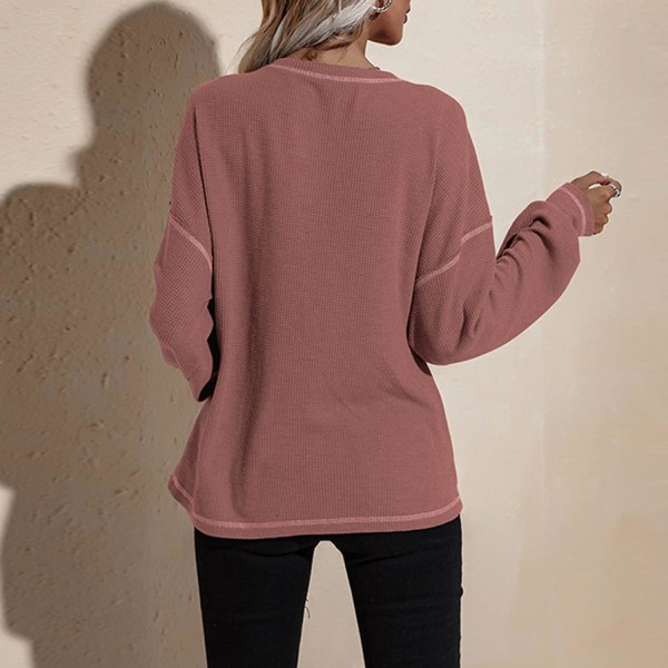 Genser med rund hals, vaffelstrikket topp, lange puffarmer, casual bluse med lomme Wine Red M