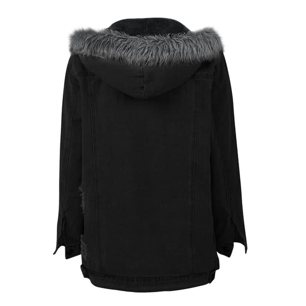 Vinter Tjock jeansjacka Dam Casual Långärmad Pälskrage Hooded Warm Coat W Black M