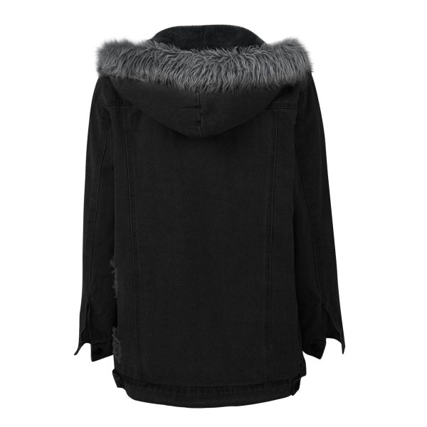 Vinter Tyk Jeansjakke Dame Casual Dampet Ærme Pels Krave Hætte Varmt Frakke W Black L