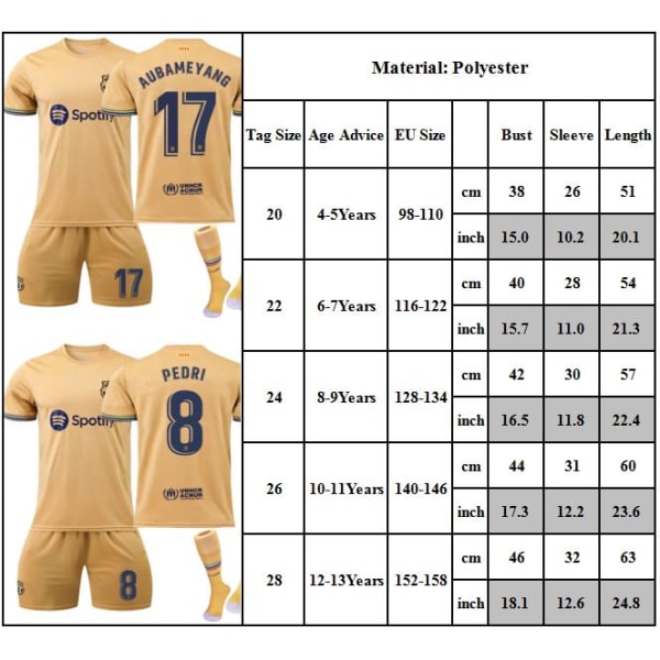 Barcelona ude nr 17 Aubameyang nr 8 Pedri Jersey Sæt #17 4-5Y