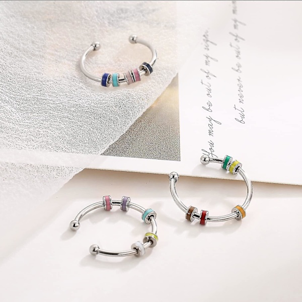 3 stk. Spindende emalje Fidget-ring, rustfrit stål angstlindring, angst ring med flerfarvet rullebold