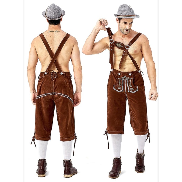 (Skjorta+byxor+hatt) Oktoberfest Beer Man ederhosen kostym Halloween Bayersk karnevalsfest Deluxe Cosplay Outfit Set only Brown Pants L