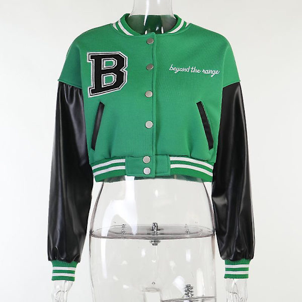 Kvinde Varsity Jakke Cropped Baseball Jakke Bomberjakker Mode Streetwear W Green M