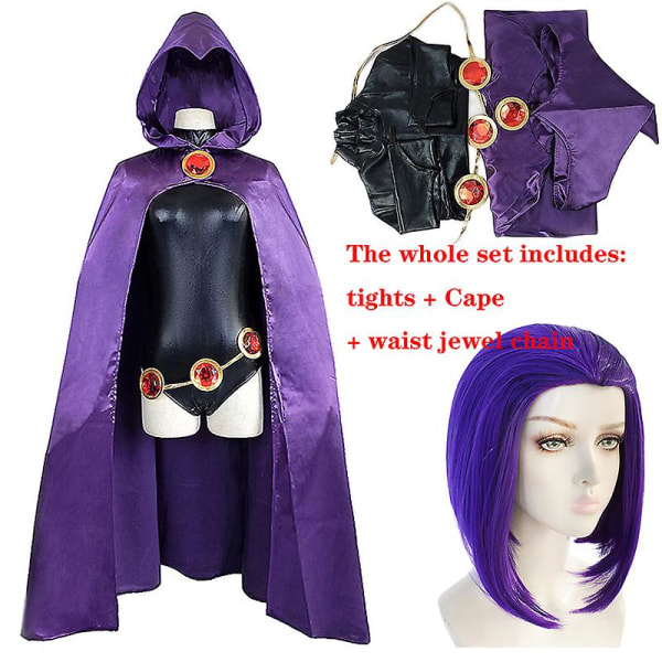 Teen Titans Raven Cosplay Kostume Superheltekappen Jumpsuits Zentai Halloween Tights Tøj + Cape + Talje Smykkekæde XS