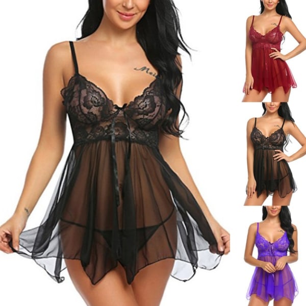 Kvindens sexede gennemsigtige delte sexede natkjole Deep V Babydoll - Black S