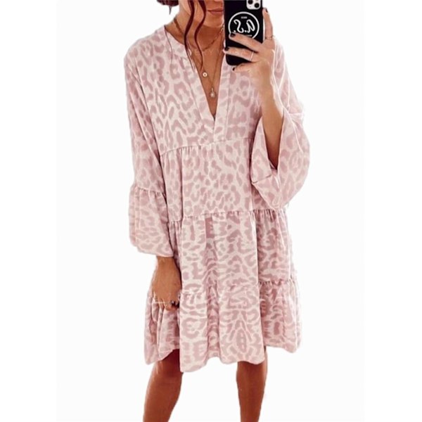 Kvinnor sommar temperament lös print stor klänning med V-ringad pink M