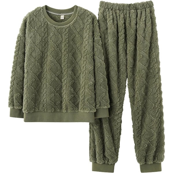 HAUFR Dame Fluffy Fleece Pyjamas Set 2 deler Varm Fleece Pyjamas Set Myke nattklær Langærmede Crewneck lommer Bukser Y Green Large