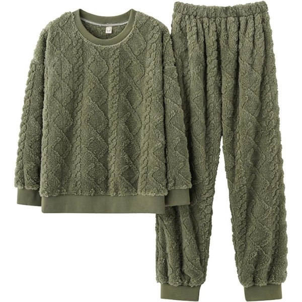 HAUFR Dame Fluffy Fleece Pyjamas Set 2 deler Varm Fleece Pyjamas Set Myke nattklær Langærmede Crewneck lommer Bukser Y Green Small