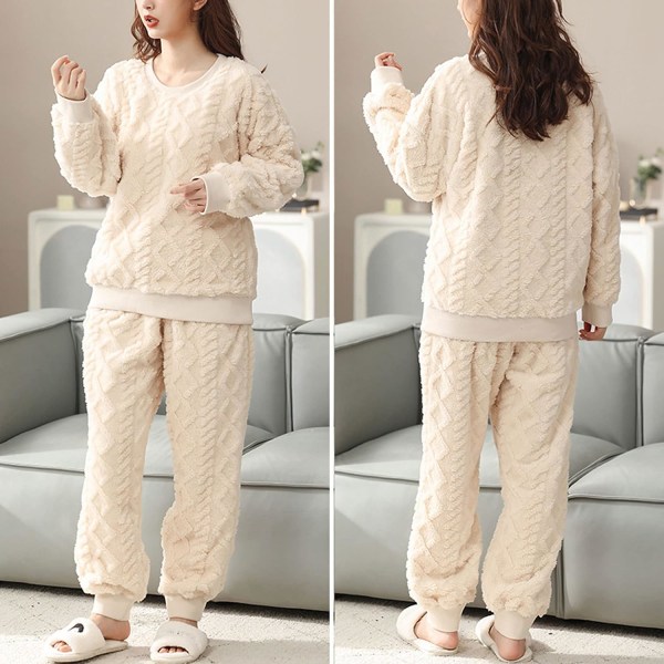 HAUFR Dam Fluffy Fleece Pyjamas Set 2 delar Varm Fleece Pyjamas Set Mjuka nattkläder Långärmade Crewneck fickor Byxor Y Apricot Large