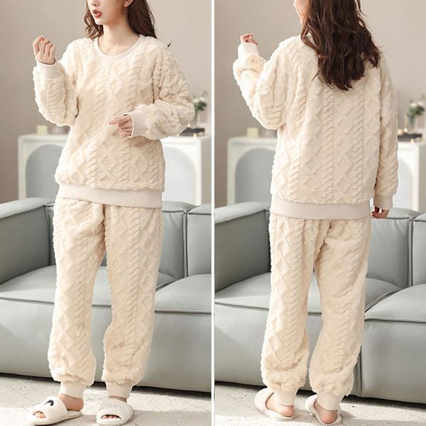 HAUFR Dame Fluffy Fleece Pyjamas Sæt 2 dele Varm Fleece Pyjamas Sæt Bløde Natkjoler Langærmede Crewneck Lommer Bukser Y Apricot Large