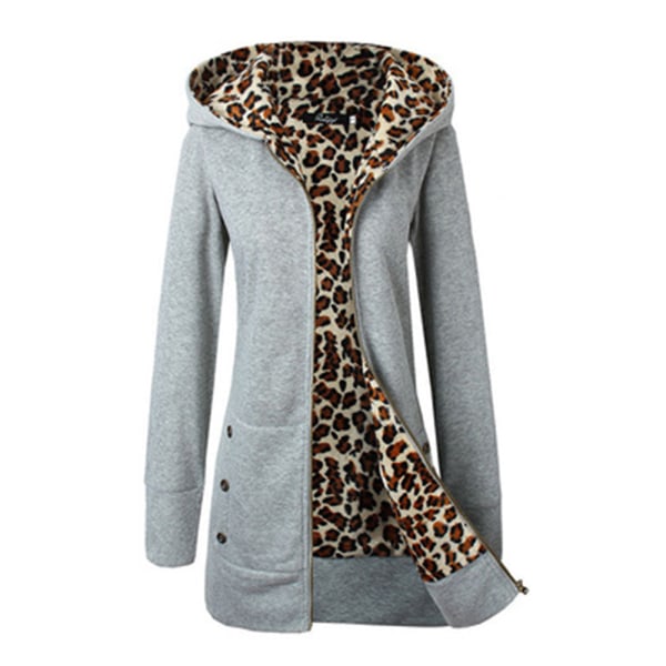 Vinter Kvinnor Hooded Thickened Plus Fleece Leopard weater Jacka W Gray S