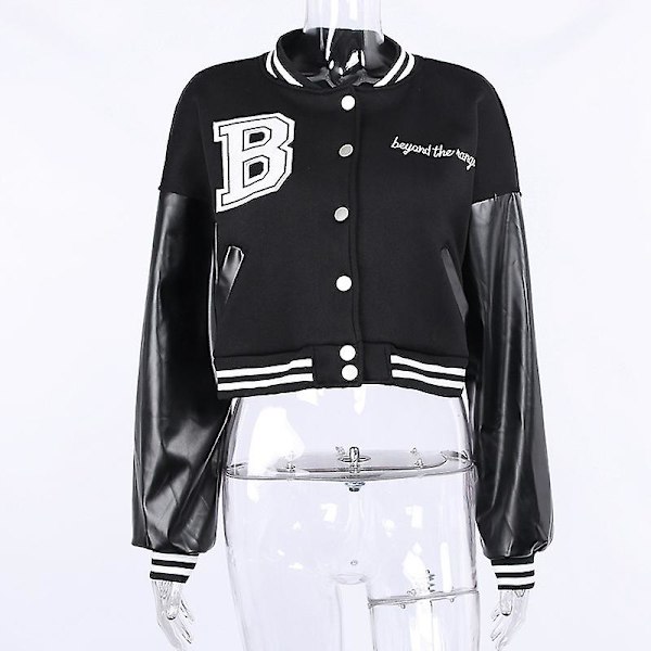 Kvinde Varsity Jakke Cropped Baseball Jakke Bomberjakker ode Streetwear W Black M