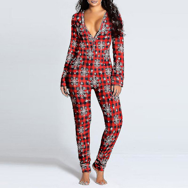 Kvinnor Animal Pyjamas One Piece Christmas Bodysuit Jumpsuit ångärmad nattkläder W Checkered Snowflake L