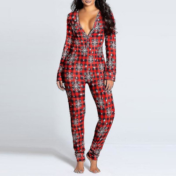 Kvinnor Animal Pyjamas One Piece Christmas Bodysuit Jumpsuit Långärmad nattkläder W Checkered Snowflake M