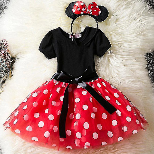 Barnflicka Minnie Mouse Polka Dot Födelsedagsfest Bow Tutu Tyllklänning Red 2-3Years