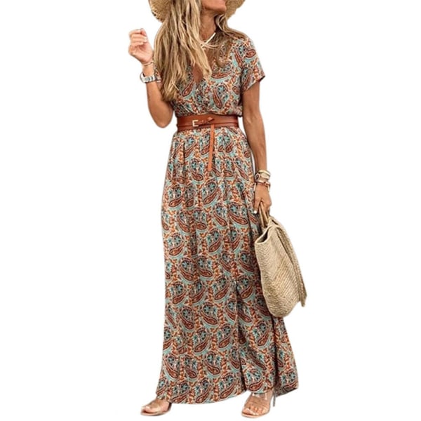 Damemode Casual Løs Bælte Boho V-ringet Blomstermønstret Akselkjole brown M