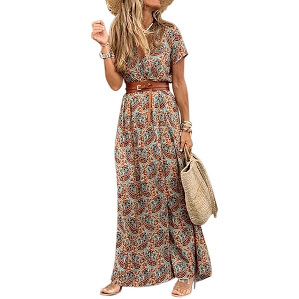 Dammode Casual LÃ¶sbÃ¤lte Boho V-ringad blommig axiklÃ¤nning brown M