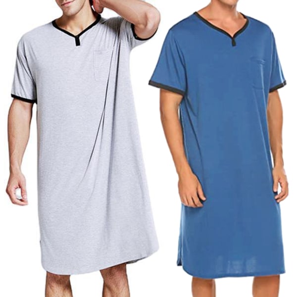 Herr kortärmade långa nattskjortor Nightdress Pyjamas inomhus W grey 2XL