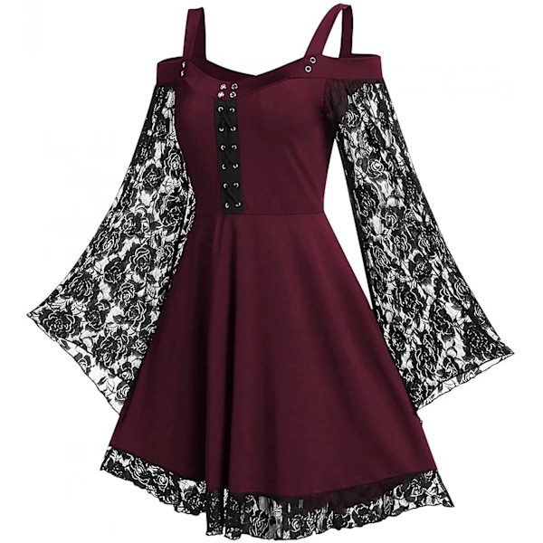 Vintage Spets Dam Klänning Plus Size Goth Bandage Damer kalla axel sexiga klänningar Burgundy XL