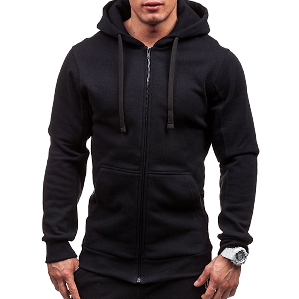 Miesten yksivärinen vetoketjullinen huppari, rento ulkoilu- ja urheilutakki Black 2XL