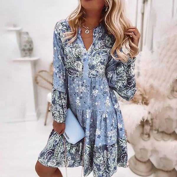 Kvinner sommer langarmede kjoler Blomstrete print strand Minikjole Light Blue 2XL