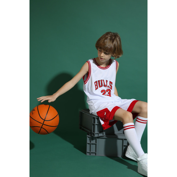 Michael Jordan No.23 Basketball Jerseysæt Bulls Uniform til børn Teenagere W T White L (140-150CM)