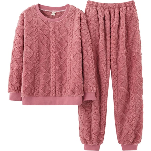 HAUFR Dam Fluffy Fleece Pyjamas Set 2 delar Varm Fleece Pyjamas Set Mjuka nattkläder Långärmade Crewneck fickor Byxor Y Dark Pink Large