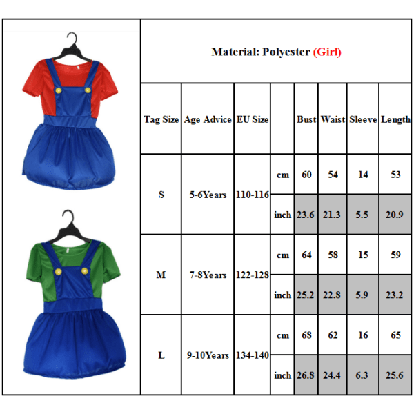 Super Mario Cosplay Kostume Halloween Kostume til Voksne Børn Kvinder - Rød girl-green L