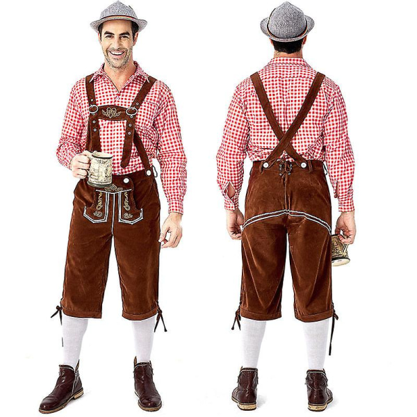 (Skjorta+byxor+hatt) Oktoberfest Beer Man ederhosen kostym Halloween Bayersk karnevalsfest Deluxe Cosplay Outfit Set only Brown Pants L