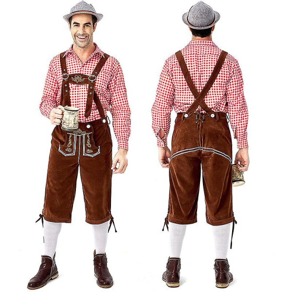 (Skjorte+bukse+hatt) Oktoberfest øl og skinnbukse kostyme Halloween bayersk karnevalsfest Deluxe Cosplay Outfit Set B6 pants shirt Hat M